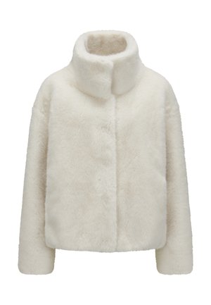 White faux fur jacket with a high collar, long sleeves, and a relaxed fit. Smooth texture, no visible fasteners or patterns.
