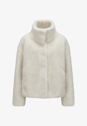 Weißer Kunstpelzmantel mit hohem Kragen, langen Ärmeln und lockerer Passform. Glatte Textur, keine sichtbaren Verschlüsse oder Muster.