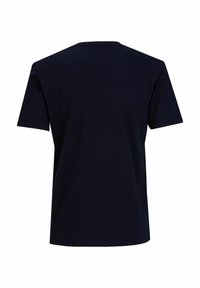Donkerblauwe katoenen t-shirt met een ronde hals, korte mouwen en een rechte zoom. Glad textuur, minimale details.