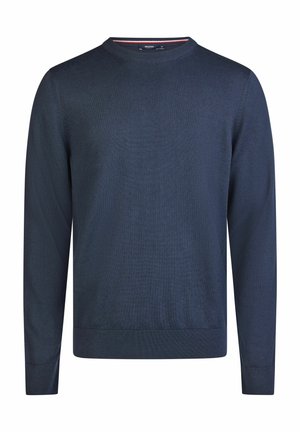 Navyblauwe gebreide ronde hals trui met lange mouwen, geribde manchetten en onderzoom; gladde textuur, lichtgewicht stof en eenvoudig ontwerp.