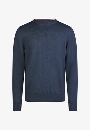 Navyblauer, gestrickter Pullover mit Rundhalsausschnitt und langen Ärmeln, gerippten Bündchen und unterem Saum; glatte Textur, leichtes Material und einfaches Design.