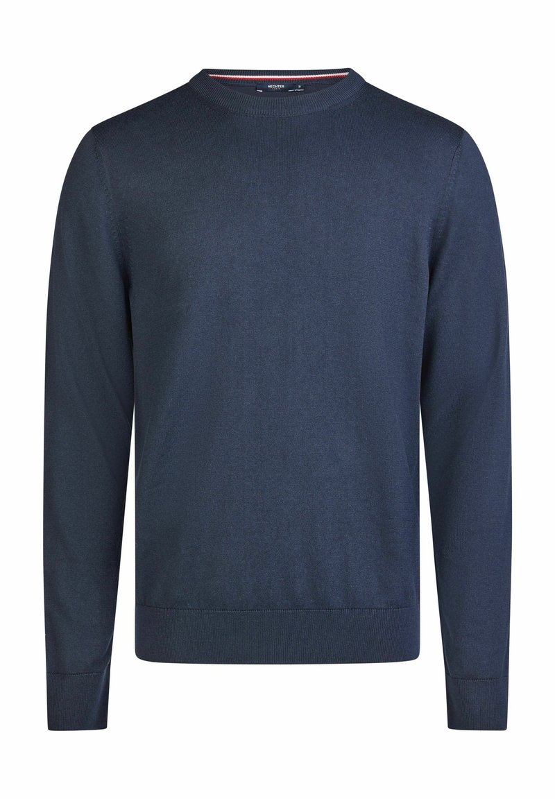 Navyblauwe gebreide ronde hals trui met lange mouwen, geribde manchetten en onderzoom; gladde textuur, lichtgewicht stof en eenvoudig ontwerp.