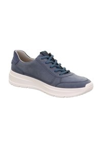 Blauer Leder-Sneaker mit glatter Oberfläche, weißer Gummisohle, rundem Zehenbereich und blauen Schnürsenkeln. Verfügt über eine Wildlederkante an der Ferse und einen gepolsterten Kragen.