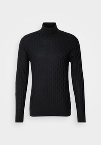 Schwarzer Rollkragenpullover mit einem strukturierten Rautenmuster, aus Strickmaterial gefertigt, mit langen Ärmeln und einer taillierten Silhouette.