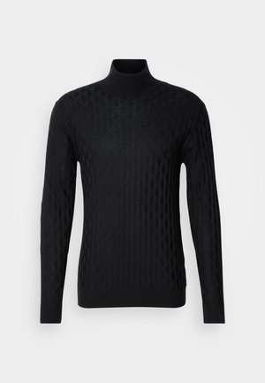 Black turtleneck sweater with a textured diamond pattern, made from knit material, featuring long sleeves and a fitted silhouette.
