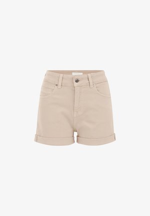 Bežové bavlnené šortky s rolovanými okrajmi, predným zapínaním na gombík, dvoma vreckami a hladkou textúrou. Jednoduchý dizajn, vhodné na voľný čas.