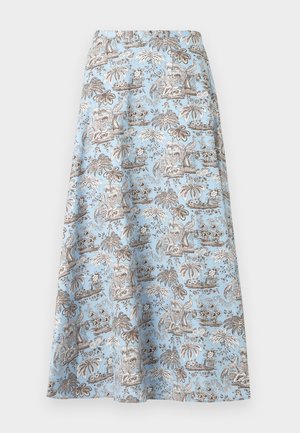 Lyseblå A-formet nederdel med brun og hvid tropisk palme- og blomsterprint, knælængde, med en glat linning.