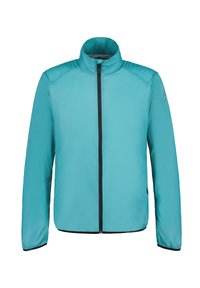 Lichtgewicht aqua jack met een hoge kraag, volledige rits aan de voorkant, lange mouwen, zwarte afwerking langs de rits en mouwen, gladde textuur.