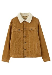 Bruine corduroy jas met een crèmekleurige schapenvacht kraag, twee borstzakken en zijzakken; heeft een knoopsluiting en ribbelstructuur.