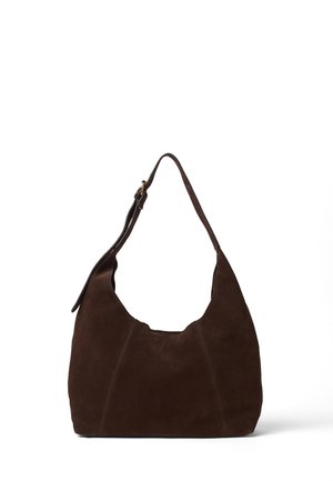 Dark brown suede shoulder bag with a single adjustable strap and soft, slouchy shape, set against a white background.