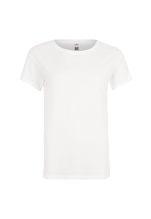 Camiseta blanca de algodón con un cuello redondo clásico y mangas cortas, que presenta una textura simple y suave, sin patrones.