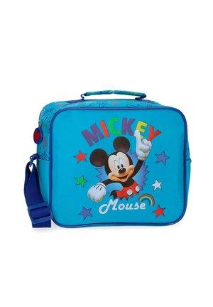 Bolsa de almuerzo infantil azul con el texto colorido "Mickey Mouse", un Mickey Mouse sonriente levantando una mano y diseños de estrellas multicolores y arcoíris.
