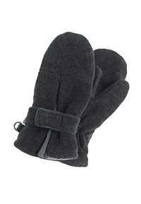 Grau Fleece-Handschuhe mit einer glatten Textur, ausgestattet mit einem sicheren Stoffriemen und einem Haken zur Befestigung. Entworfen für Wärme und Komfort.