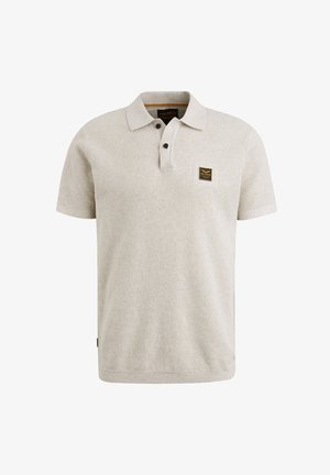 Lichtgrijs polo shirt met korte mouwen, een gestructureerde stof, een twee-knopen sluiting en een klein vierkant logopatch op de linkerkant van de borst.
