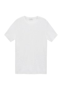 Hvid kortærmet t-shirt med rund hals, diskret ribbet tekstur og lige kant, vist fladt på en hvid baggrund.