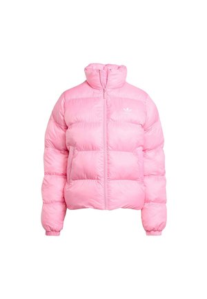 Veste doudoune rose avec col montant, fermeture éclair à l'avant et poignets élastiques. Présente un design matelassé et un petit logo blanc sur la poitrine gauche.
