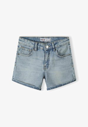 Jeansshorts in lichtblauw, met een sluiting aan de voorkant met een knoop, riemlussen en een klassieke vijf-pocketontwerp met iets versleten details.