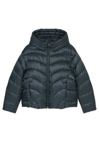 Giacca nera imbottita con colletto alto, chiusura a zip frontale e texture trapuntata. Design cropped con maniche ampie e dettagli di cuciture orizzontali.