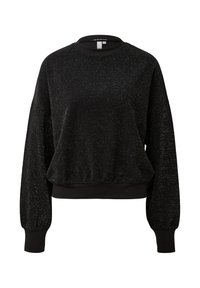 Zwarte sweater van een textuur met sprankelend materiaal. Lange mouwen met omgeslagen manchetten en een ronde halslijn. Zachte afwerking met een relaxed fit.