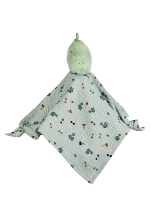Weiches, hellgrünes Plüsch-Sicherheitsdecke mit einem geknoteten Eck, das verspielte Tier- und Formenmuster in Blau und Orange auf einem grauen Hintergrund zeigt.