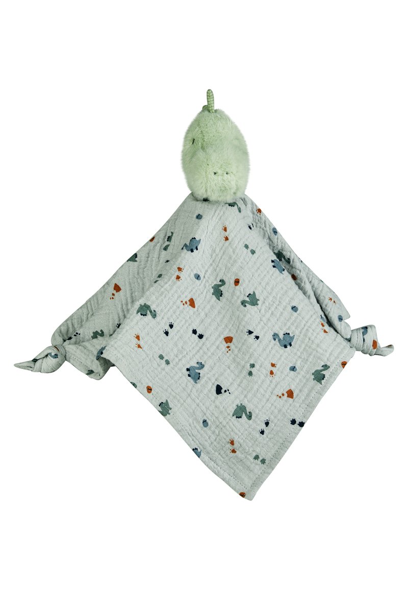Soft, light green plush security blanket with a knotted corner, featuring playful animal and shape patterns in blue and orange on a gray background.