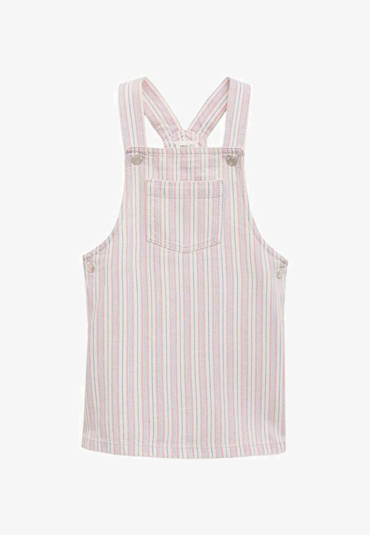 Prugasta overall obleka v svetlih pastelnih barvah. Ima gumbe, široke naramnice in zadnji žep. Tkanina je mehka in teksturirana.