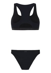 Čierny pásikovaný bikiny set s racerback topom a logom a zodpovedajúcimi nízko strihanými spodkami. Textúrovaná, elastická tkanina.