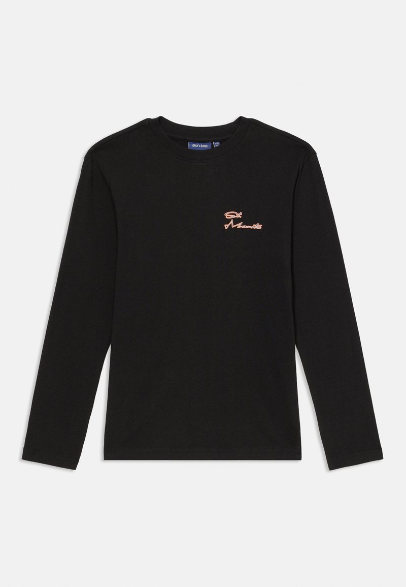 Sort langærmet t-shirt med rund halsudskæring, der har et lille, kontrasterende pink broderet logo på brystet. Blødt bomuldsstof.