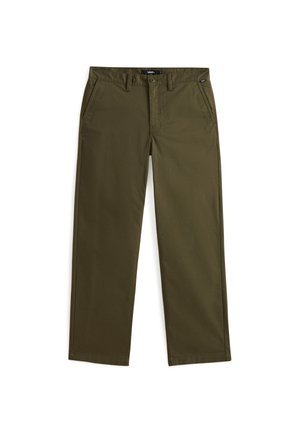 Oliwkowe spodnie wykonane z bawełnianej tkaniny, z prostymi nogawkami, z zapięciem na guziki i bocznymi kieszeniami. Prosty i funkcjonalny styl.