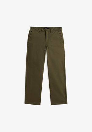 Olive green trousers made of cotton fabric, featuring a straight leg design, button closure, and side pockets. Simple and functional style.
