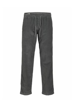 Pantalones de pana gris con cintura elástica y cordón ajustable, que presentan un corte relajado y una sutil textura de cordones verticales.