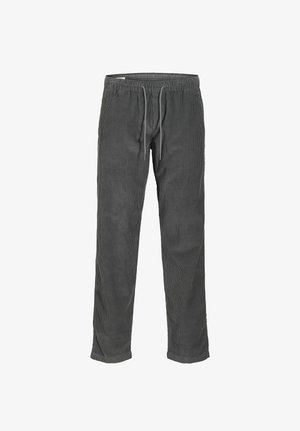 Gray corduroy pants with an elastic waistband and adjustable drawstring, featuring a relaxed fit and subtle vertical ribbing texture.