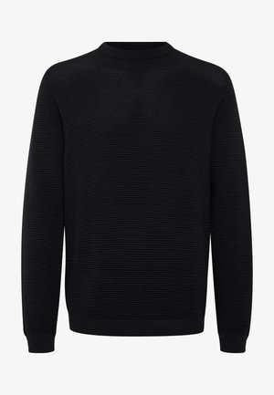 Black long-sleeve ribbed knit sweater with crew neck and fitted cuffs and hem.