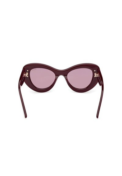 Burgundy cat-eye sunglasses with light pink lenses. Features metal accents at the hinges and smooth, glossy plastic frames.