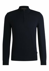 Mörkblå kvartdragpullover i mjukt material, med långa ärmar, ribbad mudd och en minimal design.