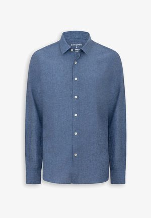 Camicia da uomo a maniche lunghe con bottoni in tessuto blu strutturato, collo appuntito e bottoni bianchi sul davanti.