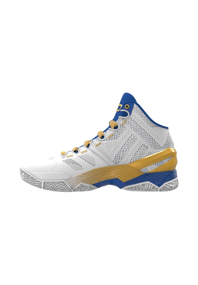 Högsneakers i sportstil med en vit syntetisk överdel med blå accenter, gyllene detaljer och en strukturerad vit sula med fiskbensmönster.