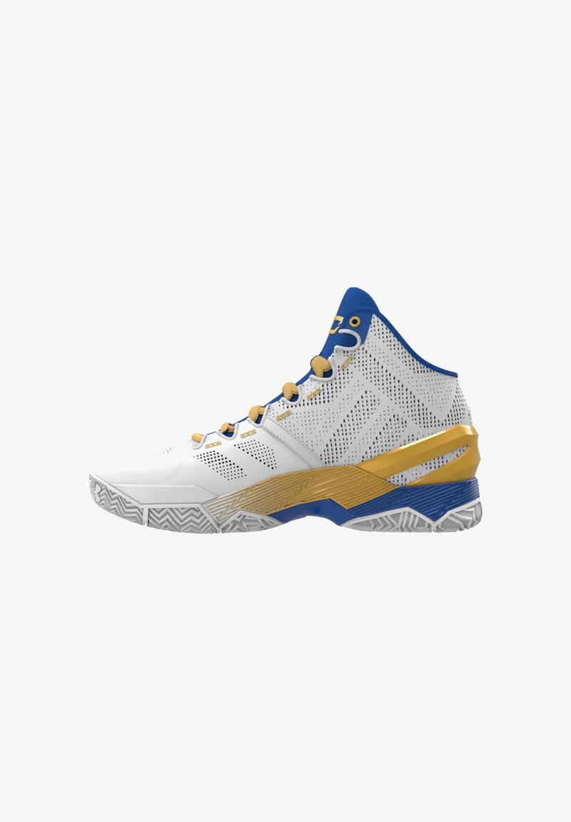 Scarpa sportiva alta con tomaia sintetica bianca e dettagli blu, componenti in oro e suola bianca testurizzata con motivo a lisca di pesce.