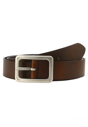 Brauner Leder-Gürtel mit einer rechteckigen silbernen Metallschnalle, glatter Textur und einem klaren, schlichten Design mit sichtbaren Nähten.