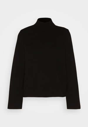 Black turtleneck sweater with long sleeves, made from a soft knit fabric. Features a fitted design and ribbed collar. Plain texture, no patterns.