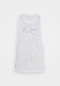 Vit ärmlös linne gjort av lätt material, med en svart Reebok-logotyp som är konturerad framtill. Slät textur, avslappnad passform.