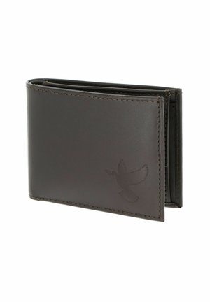 Dark brown leather bifold wallet with stitched edges and embossed bird holding an olive branch on the front corner.