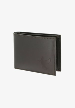 Dark brown leather bifold wallet with stitched edges and embossed bird holding an olive branch on the front corner.