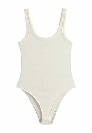 Krémové žebrované tílko bez rukávů s kulatým výstřihem a zapínáním na patentky v rozkroku.