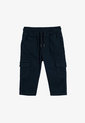Donkerblauwe cargo broeken met een elastische tailleband, trekkoorddetails, twee zijzakken en twee grote cargozakken. Gemaakt van een katoenmix.