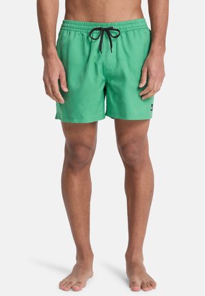 Mann trägt grüne Badeshorts mit schwarzem Kordelzug, steht barfuß vor einem schlichten weißen Hintergrund.