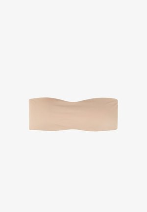 Nude bandeau top vyrobený z hladkého, elastického materiálu; má bezešvý design s jemným zakřivením, lehký a s plochými okraji.