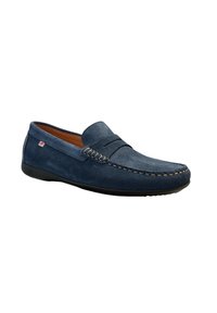 Blauwe suède loafers met contrasterende stiksels, een ronde neus en een slip-on ontwerp. Bevat een rubberen zool en een minimaal logo-detail aan de zijkant.