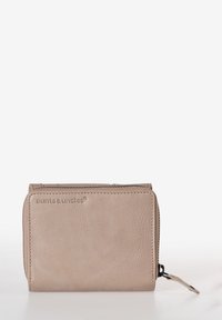 Portafoglio in pelle beige con superficie testurizzata, chiusura a zip e logo in rilievo. Forma rettangolare compatta con cuciture resistenti.