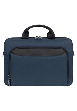 Borsa per laptop in tessuto blu navy con forma strutturata, manici superiori, tasca frontale con zip nera e materiale testurizzato. Scomparto principale con zip.